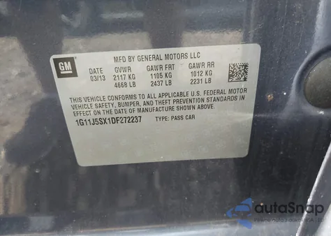 2013 Chevrolet Malibu 2Lz из США, поврежденный, VIN 1G11J5SX1DF272237